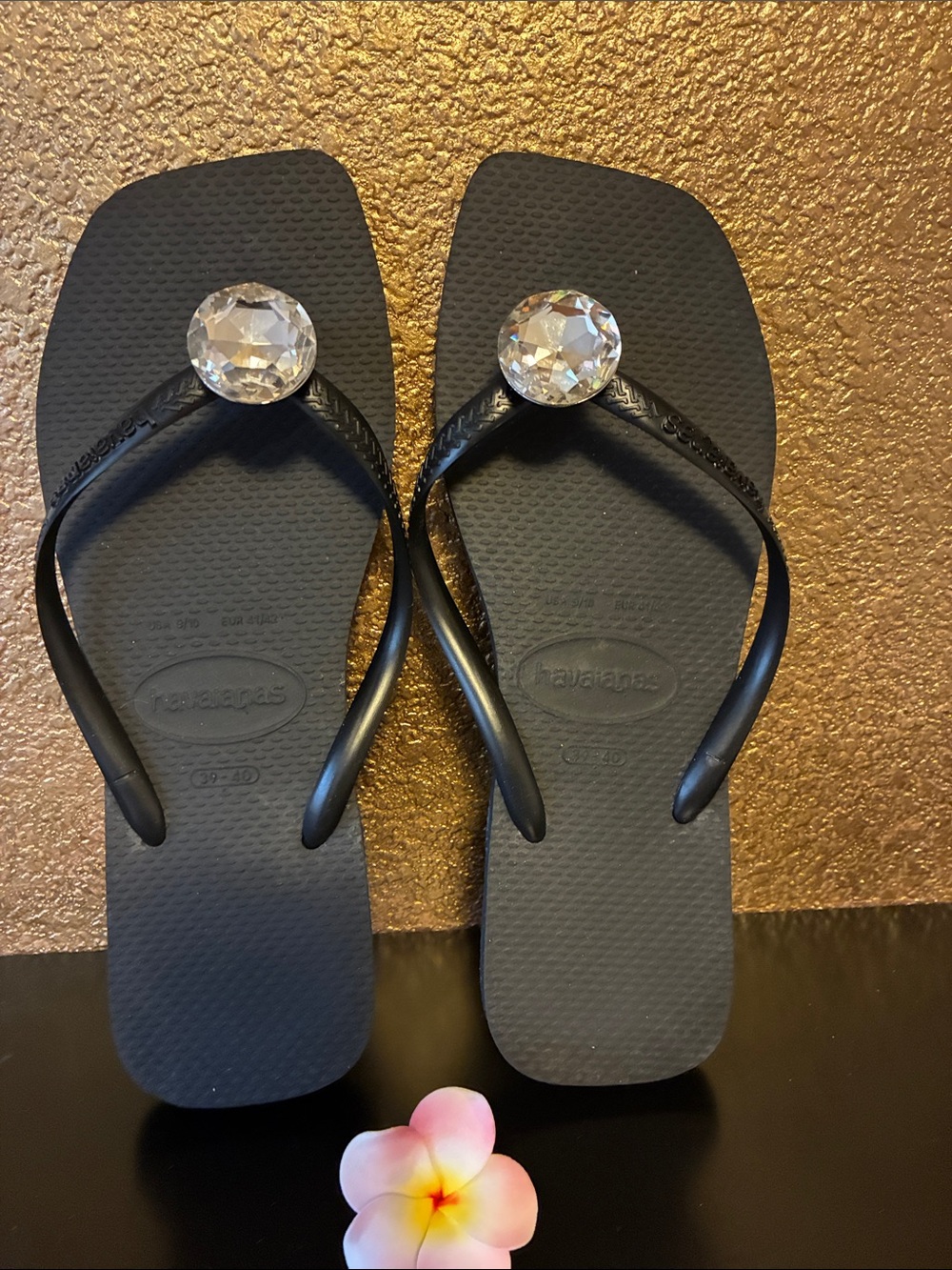Havaianas Black Sandals with Clear Gem Accent